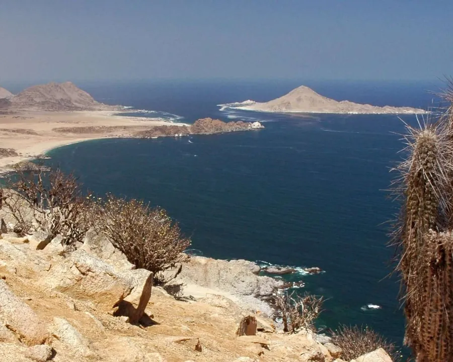 Costa desértica con islotes frente al Parque Nacional Pan de Azúcar